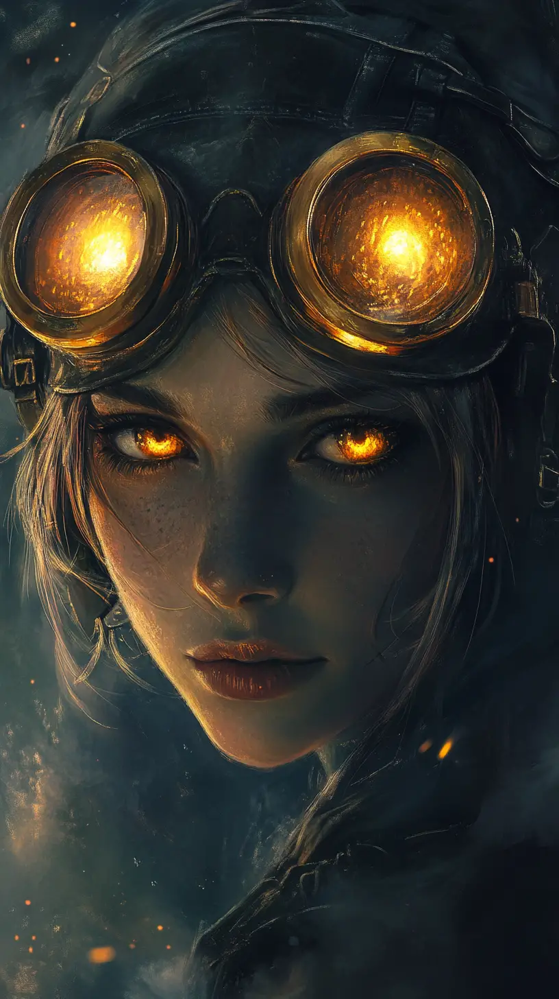 Steampunk-Anime-Mädchenporträt mit leuchtenden bernsteinfarbenen Augen