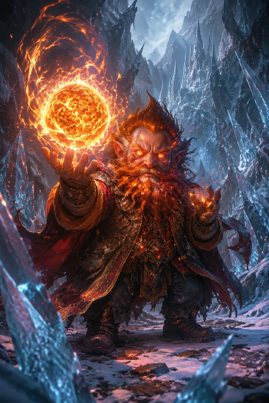 Fire gnome mage summoning a blazing sun in ice