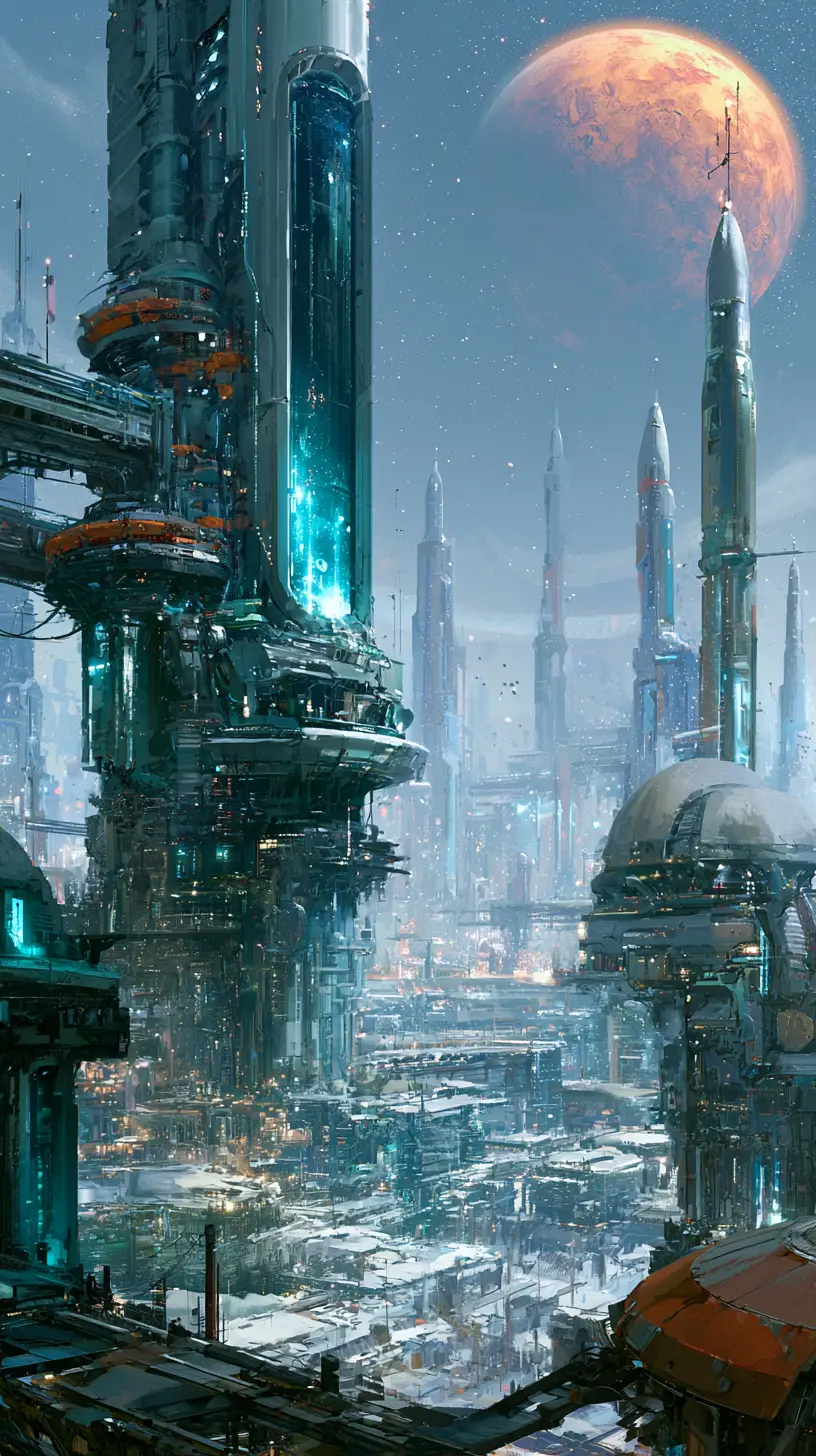 Post apocalyptic sci fi scene with looming nuclear rockets