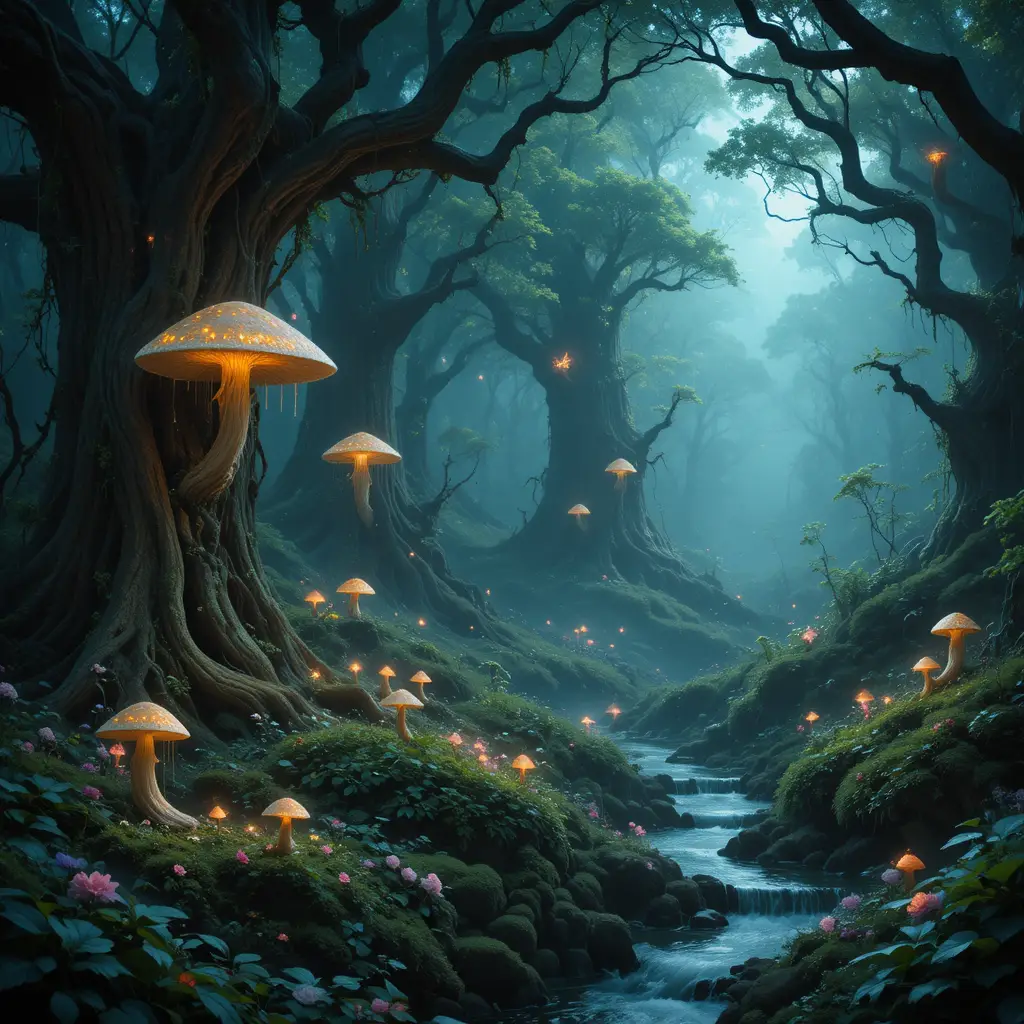 Bosquet de forêt enchanté avec champignons lumineux et fées