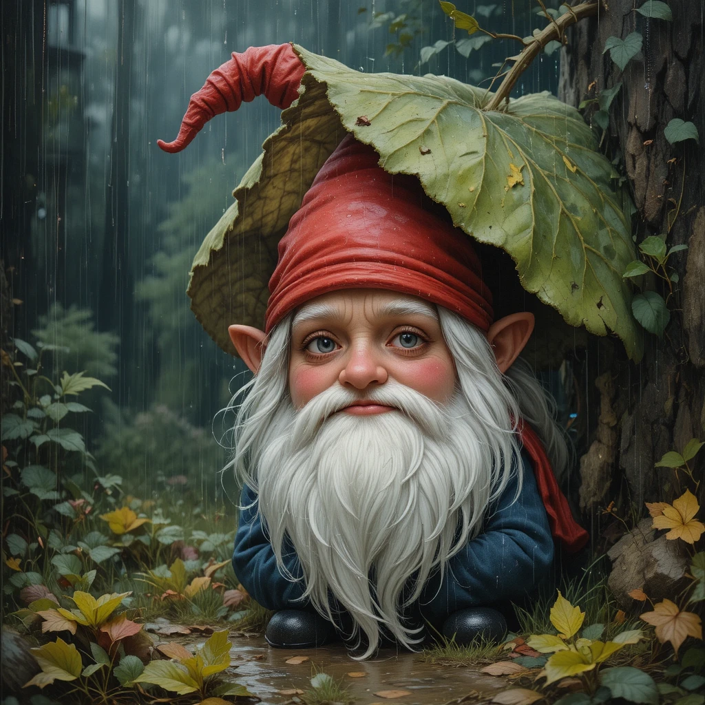 Gnome triste caché sous une feuille sous la pluie