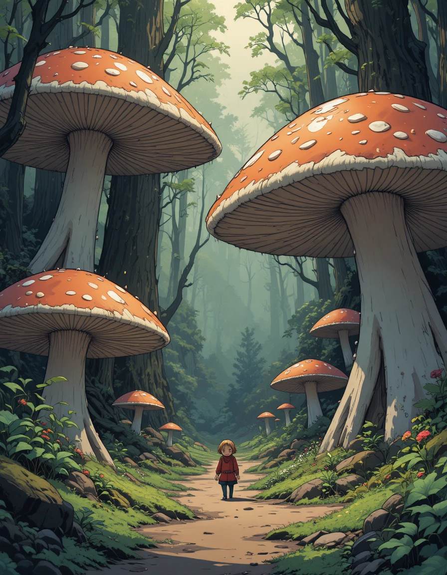 Piccolo elfo che cammina in una foresta di funghi giganti, scena a fumetti