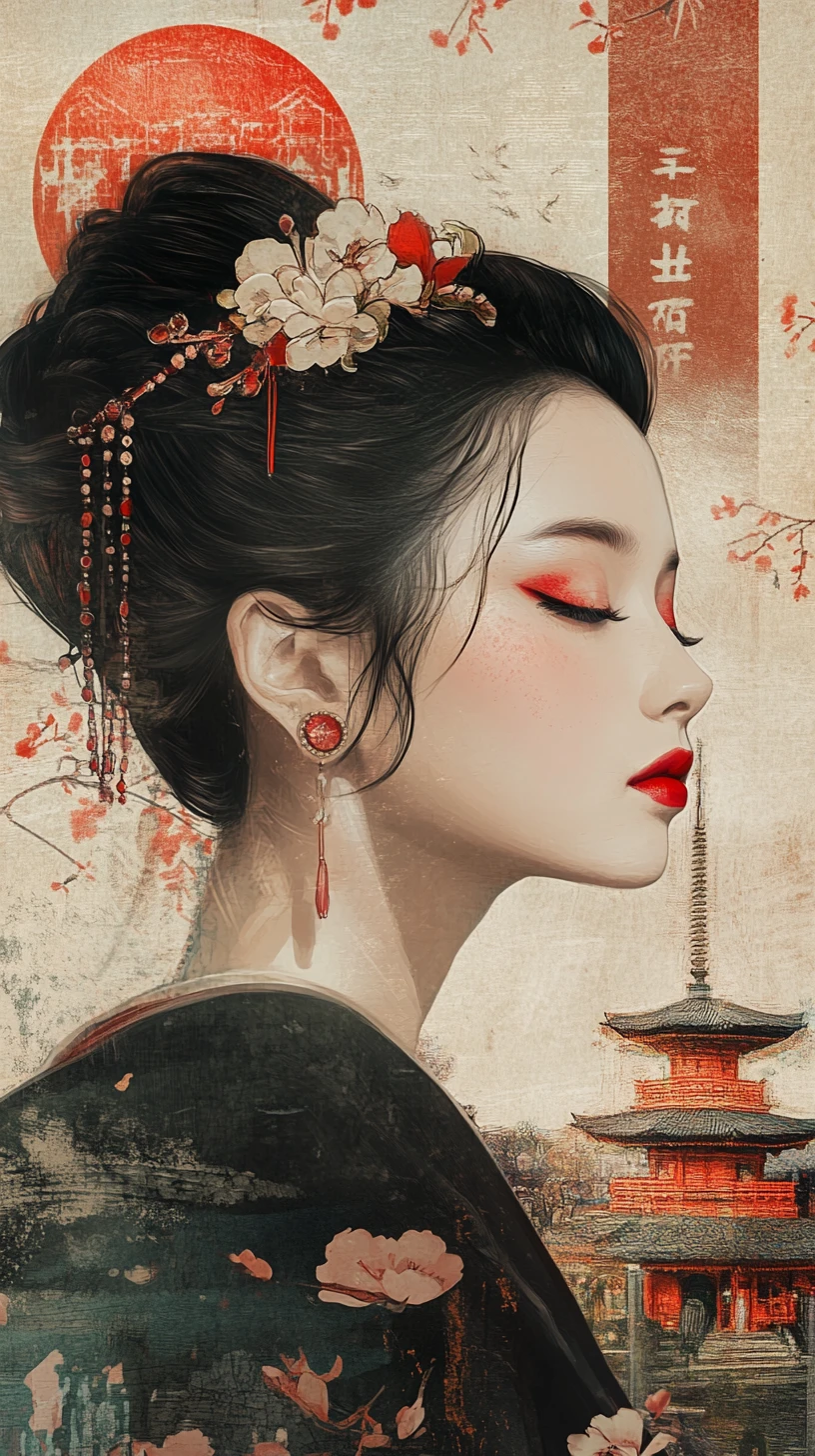 Serena mujer de Asia Oriental vestida de rojo junto a pagodas japonesas