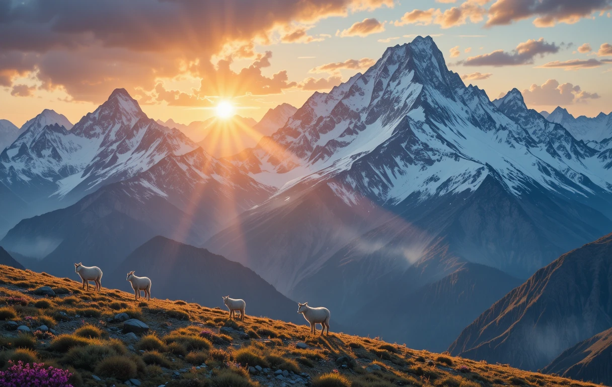Cordilheira iluminada pelo sol com cabras pastando em primeiro plano
