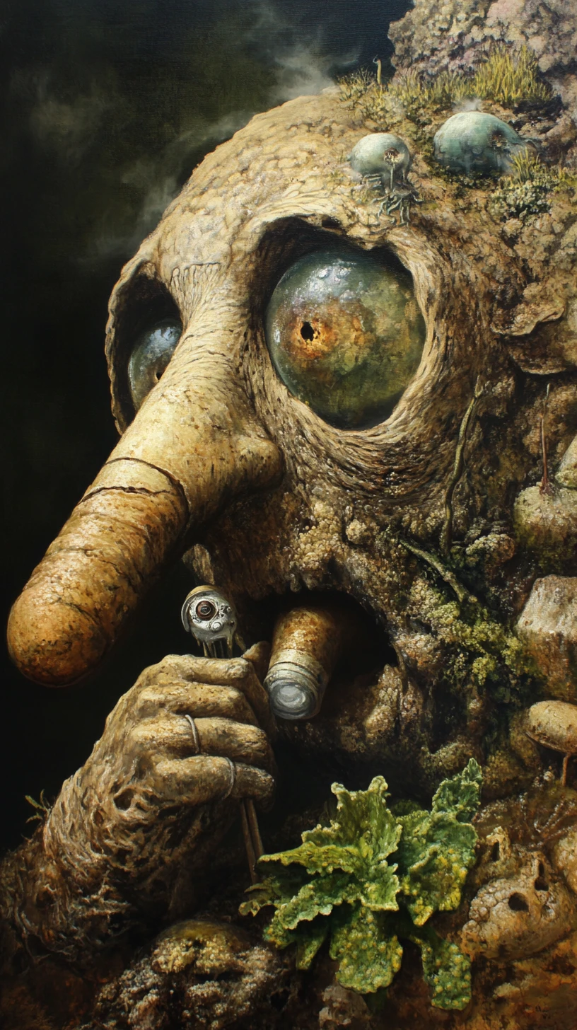Man relaxing underground with a strange mole man family