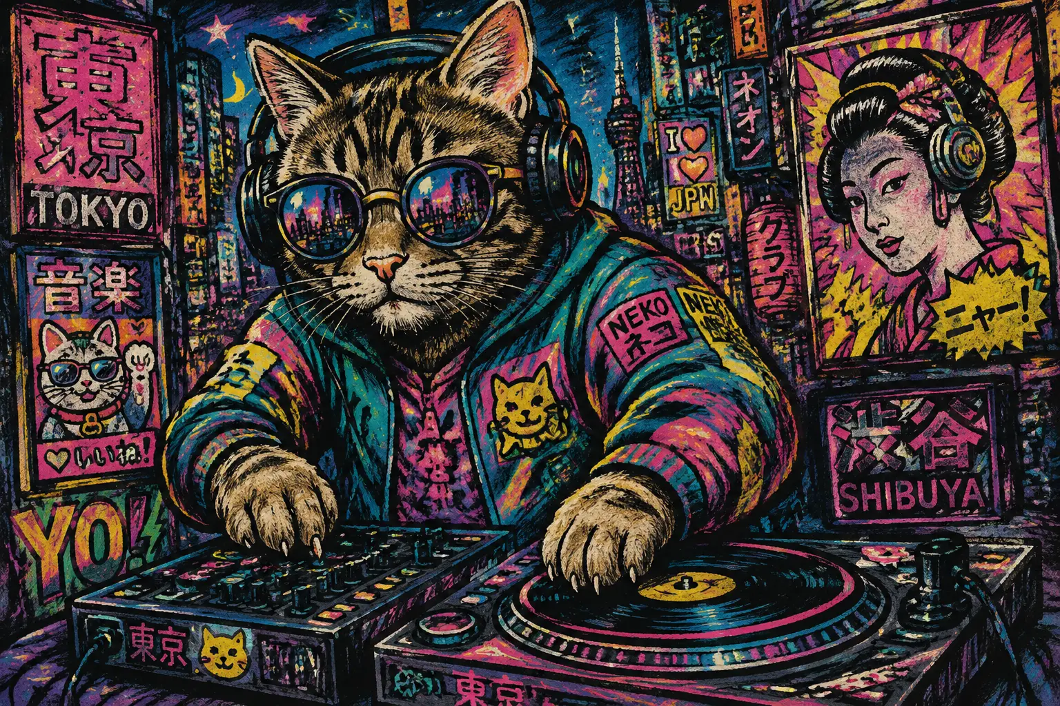 Pop art chalk drawing of a cat DJ in cyberpunk Japan