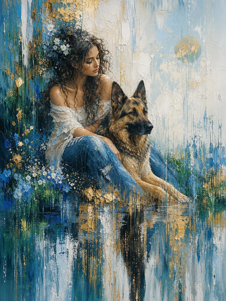 年輕女子與德國牧羊犬的抽象夢境畫作