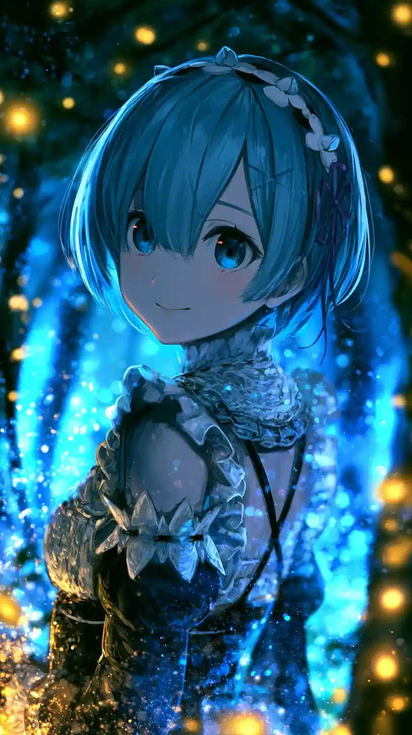 Blue haired anime maid in an enchanted night forest