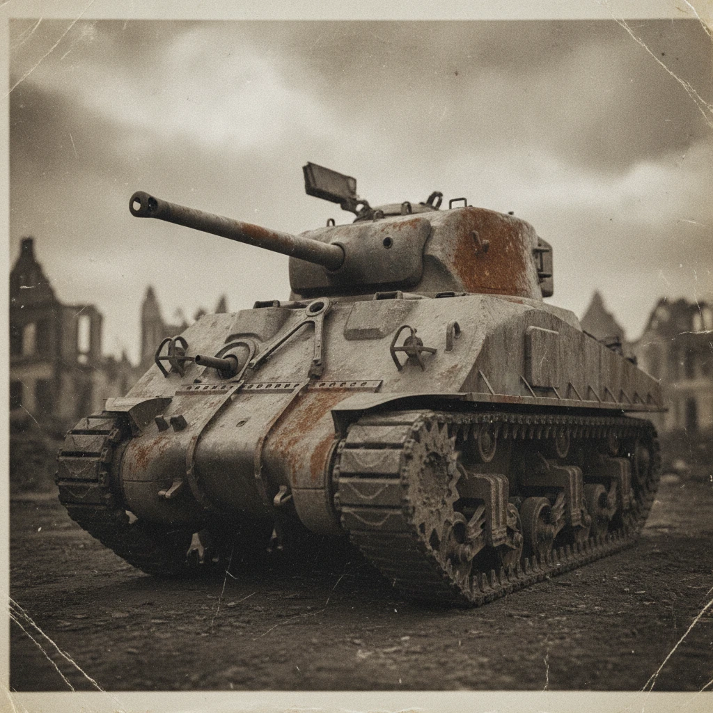 Tanque vintage em preto e branco em cena histórica desbotada