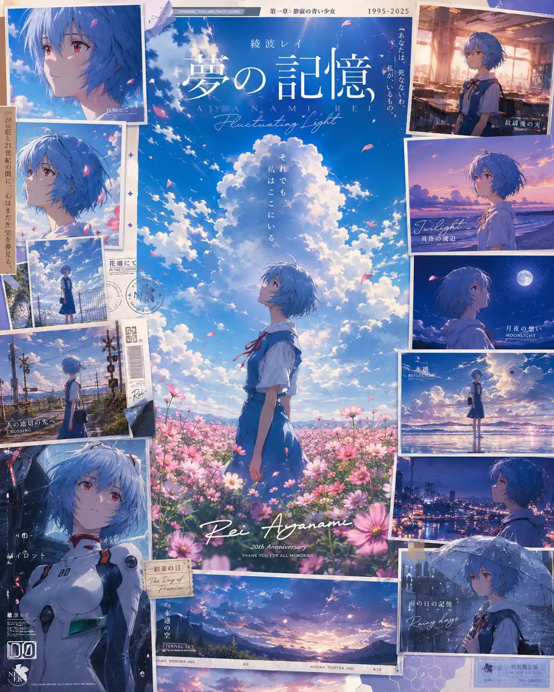 Blue haired anime girl in cosmos flower field