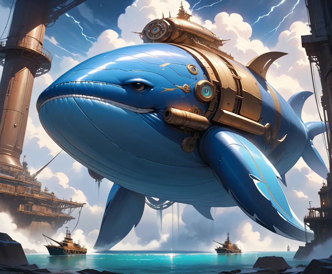 Gigantischer mechanischer Wal, der durch tobende Sturmwolken schwimmt