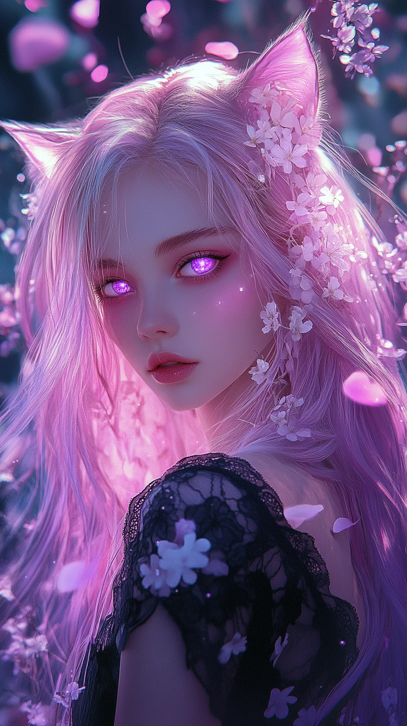 Ragazza anime con capelli rosa luminosi tra petali magici