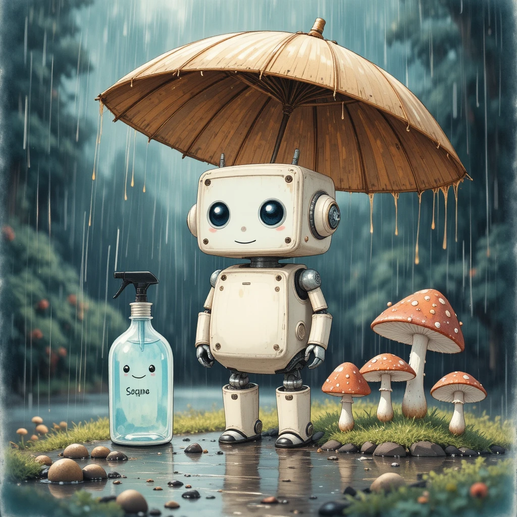 Pequeno robô com guarda-chuva em uma cena de chuva suave