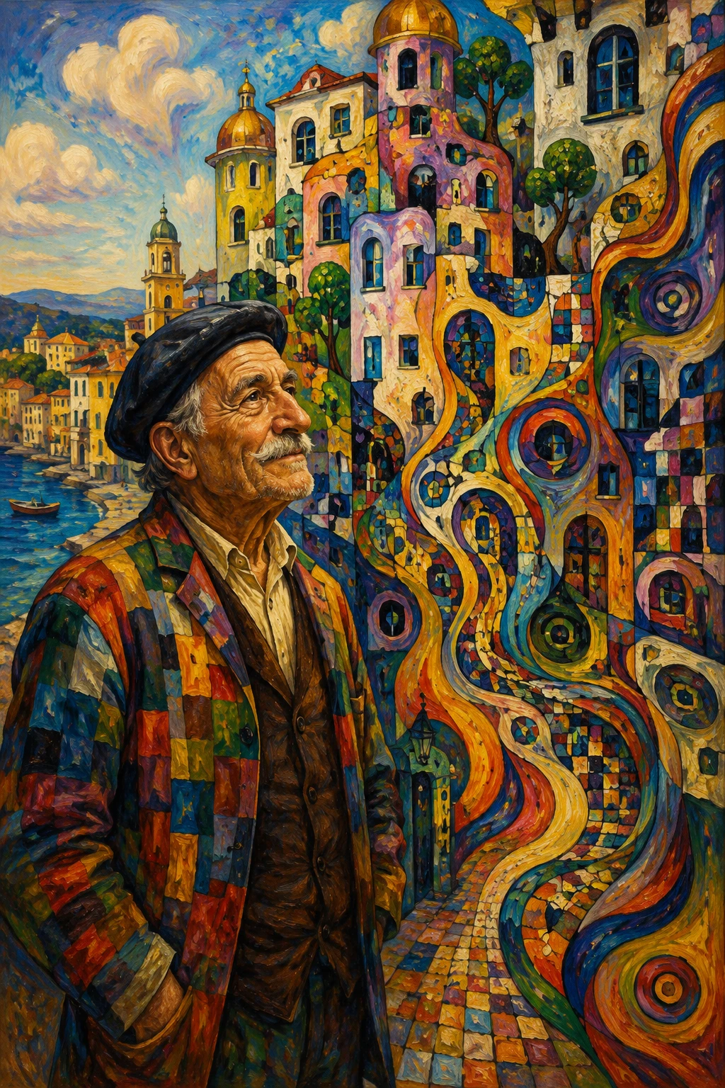 Colorida pintura a óleo de um idoso em paisagem urbana fantasiosa