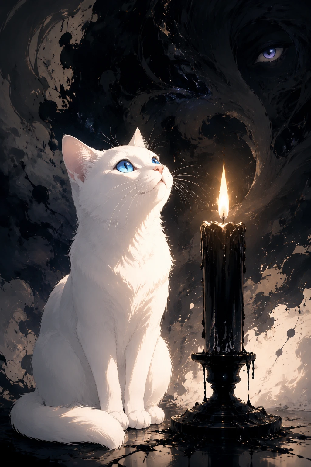 Gato branco de anime com uma única vela preta brilhando