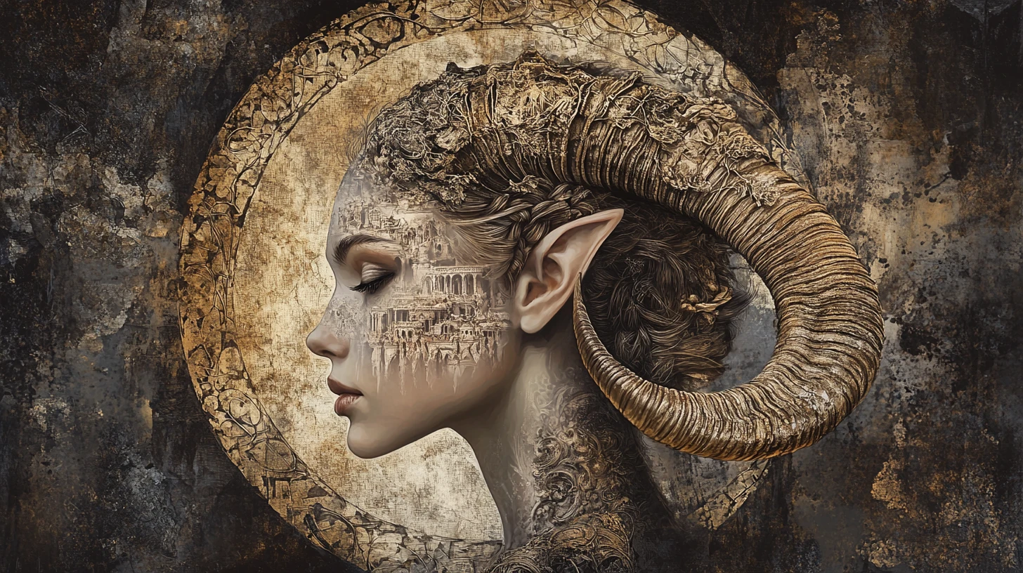 Retrato místico de mulher com chifres e halo de eclipse brilhante