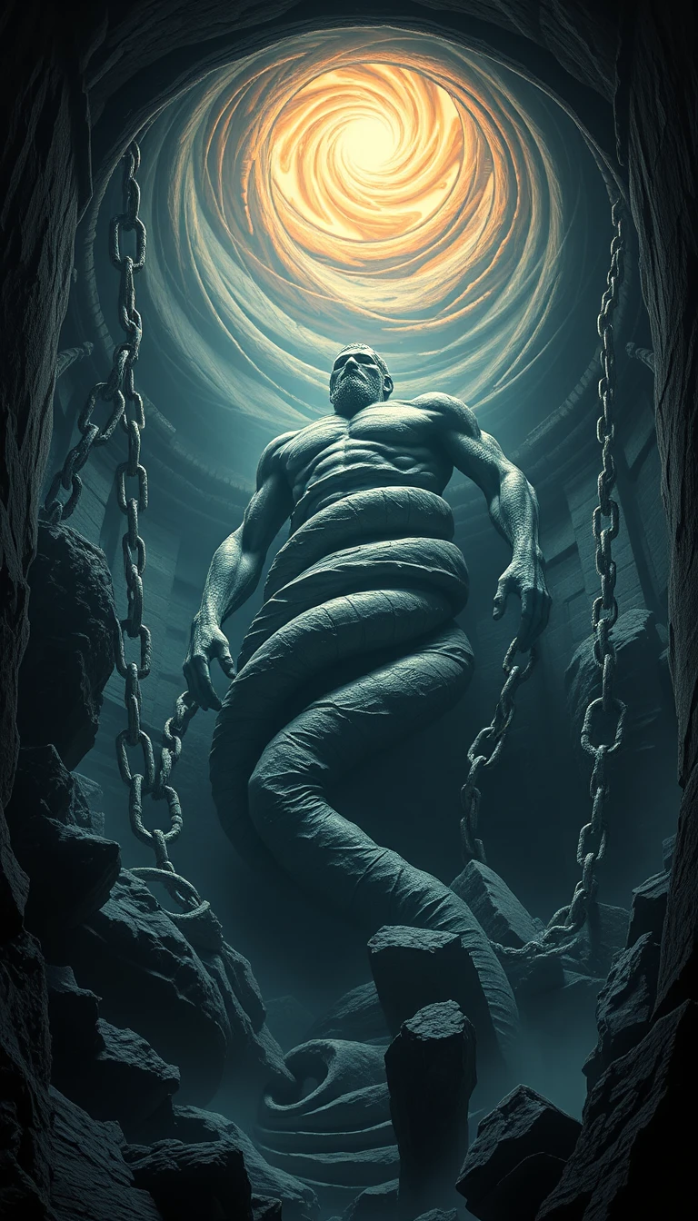 Colossal titan bound in chains in the depths of Tartarus
