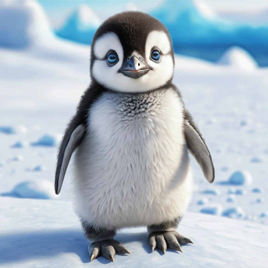 Dolce cucciolo di pinguino con occhi azzurri in stile matite colorate