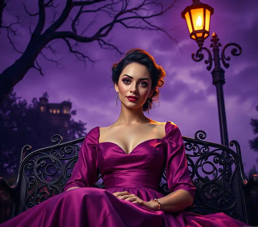 Elegante Frau mit schwebendem Auge in einem surrealen Garten