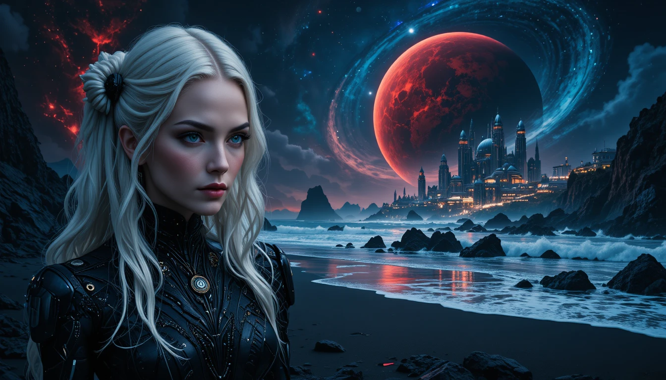 Retrato de rainha gótica em meio a nebulosas cósmicas em espiral