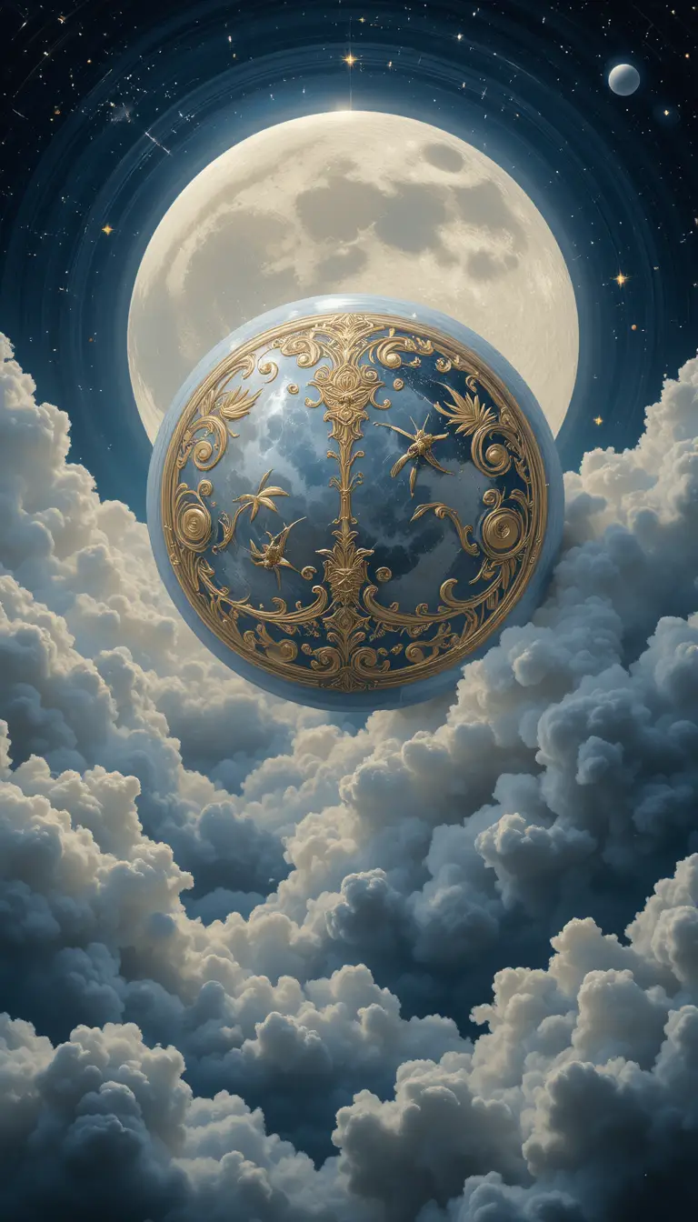 Eleganter himmlischer Mond mit barocken Gravuren am dunklen Himmel