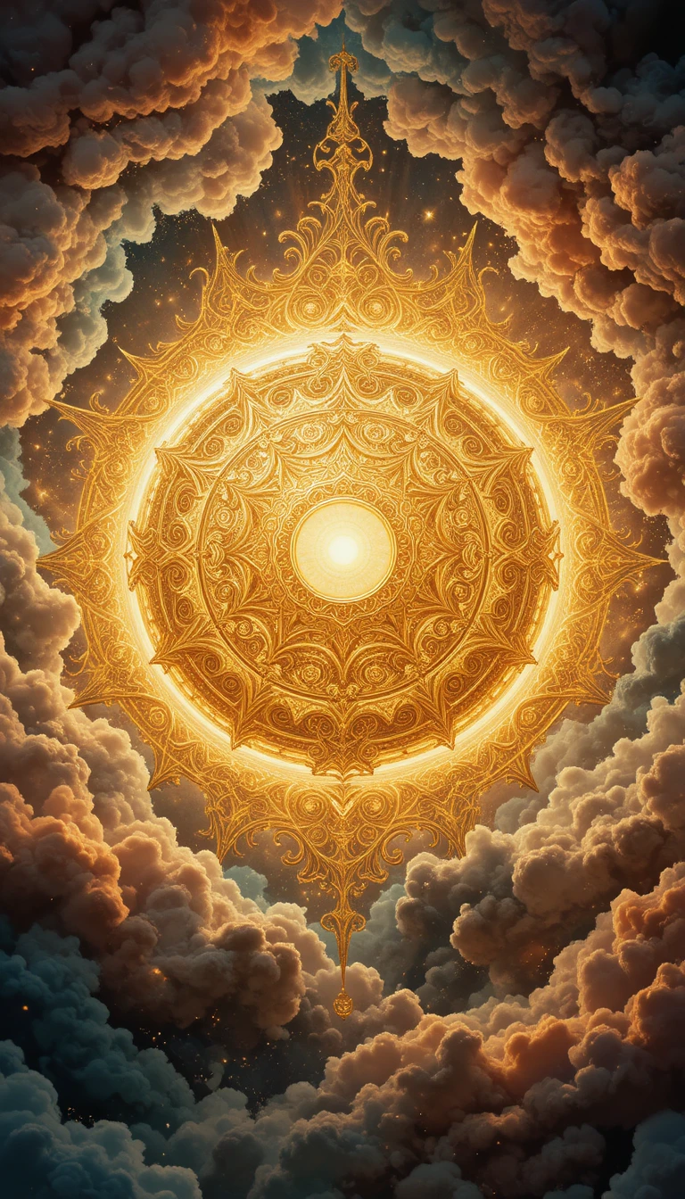 Sol dourado radiante em meio a nuvens cósmicas em redemoinho