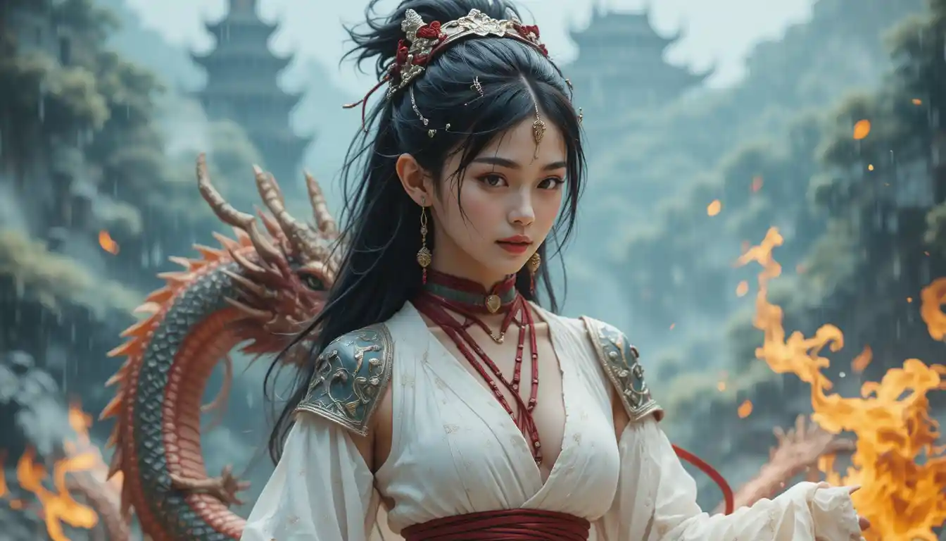 Asian woman with dragon tattoo in the rain and blazing fire