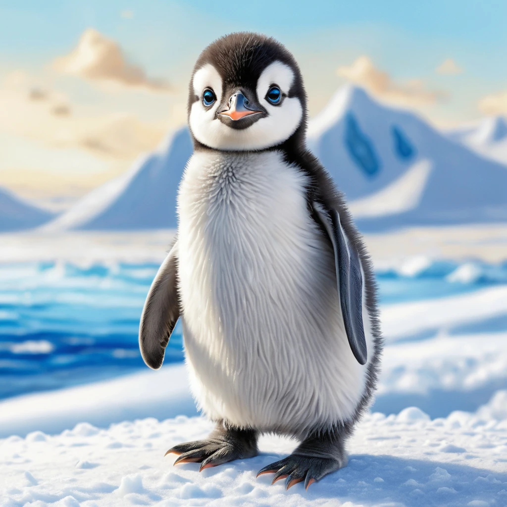 Dolce Cucciolo di Pinguino con Occhi Azzurri Illustrazione a Matite Colorate