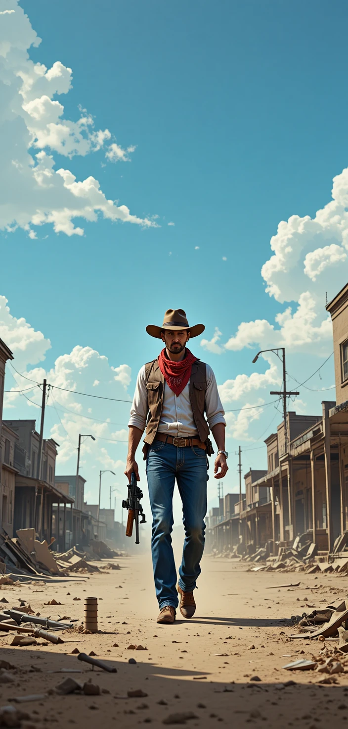 Cowboy caminhando por rua empoeirada do velho oeste em estilo de quadrinhos