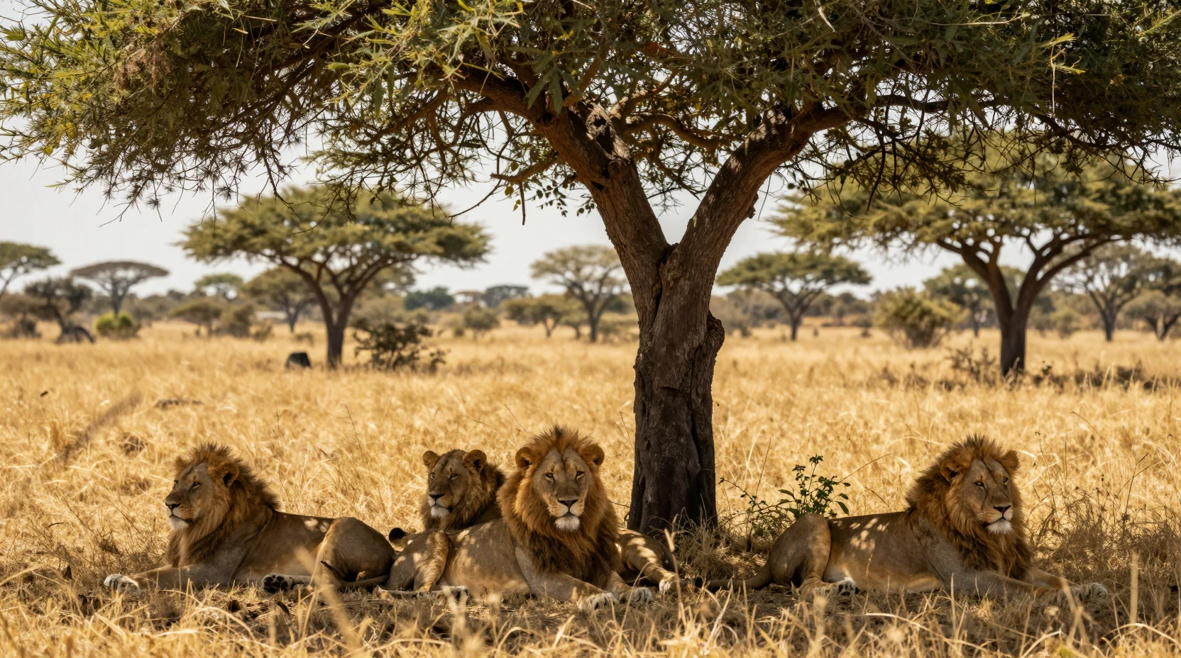 Lion pride resting in shade on bright summer savanna