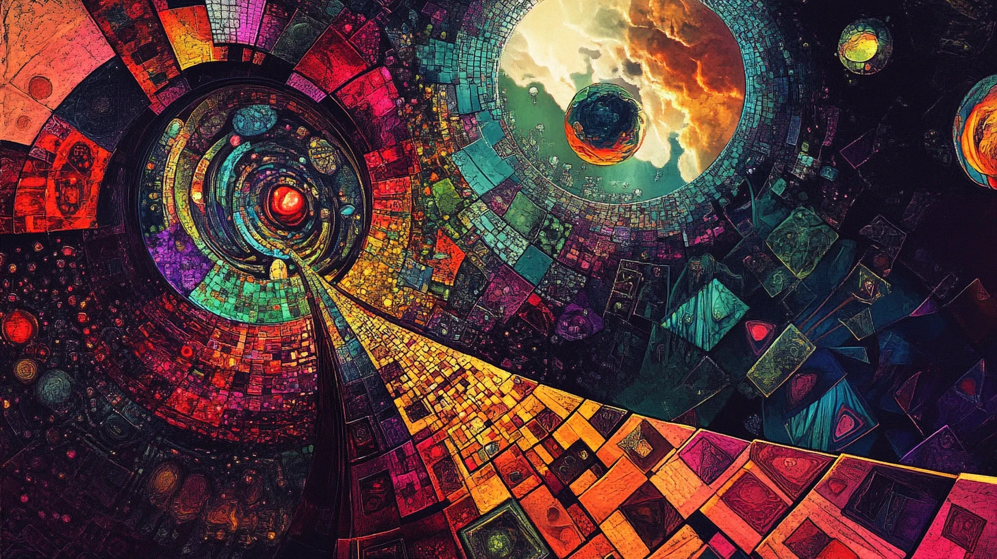 Paisagem onírica surreal em caleidoscópio de arquitetura geométrica estilhaçada