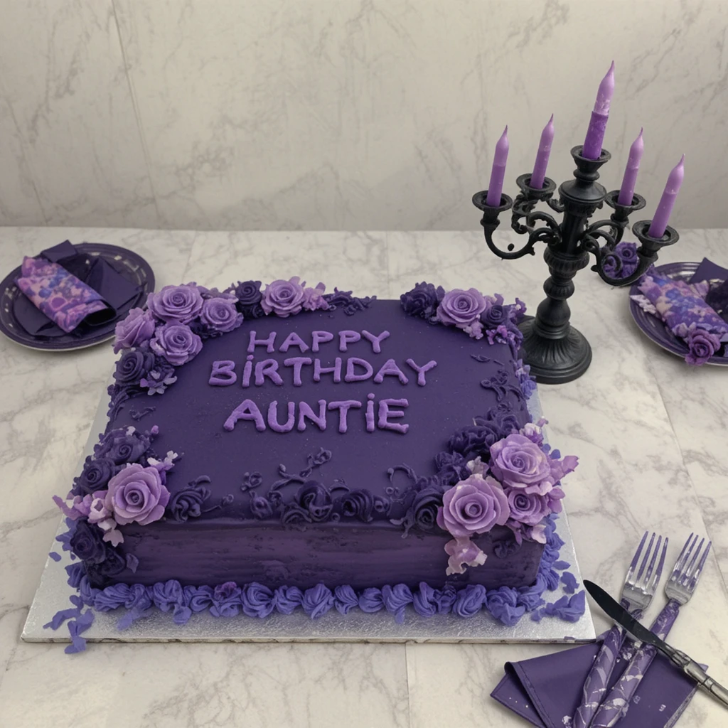 Bolo de aniversário retangular roxo-escuro com candelabro de caveira