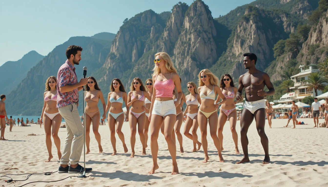 Jovens dançando juntos em um palco ensolarado na praia