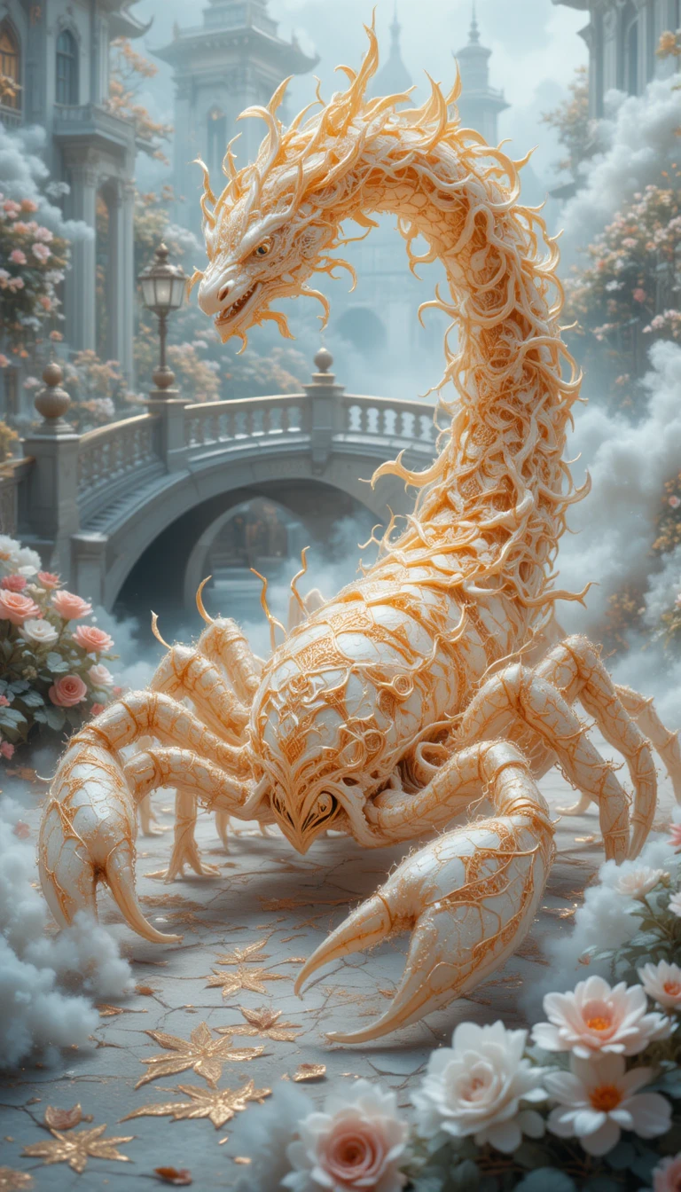 Mythical spirit creature beside a white fantasy palace
