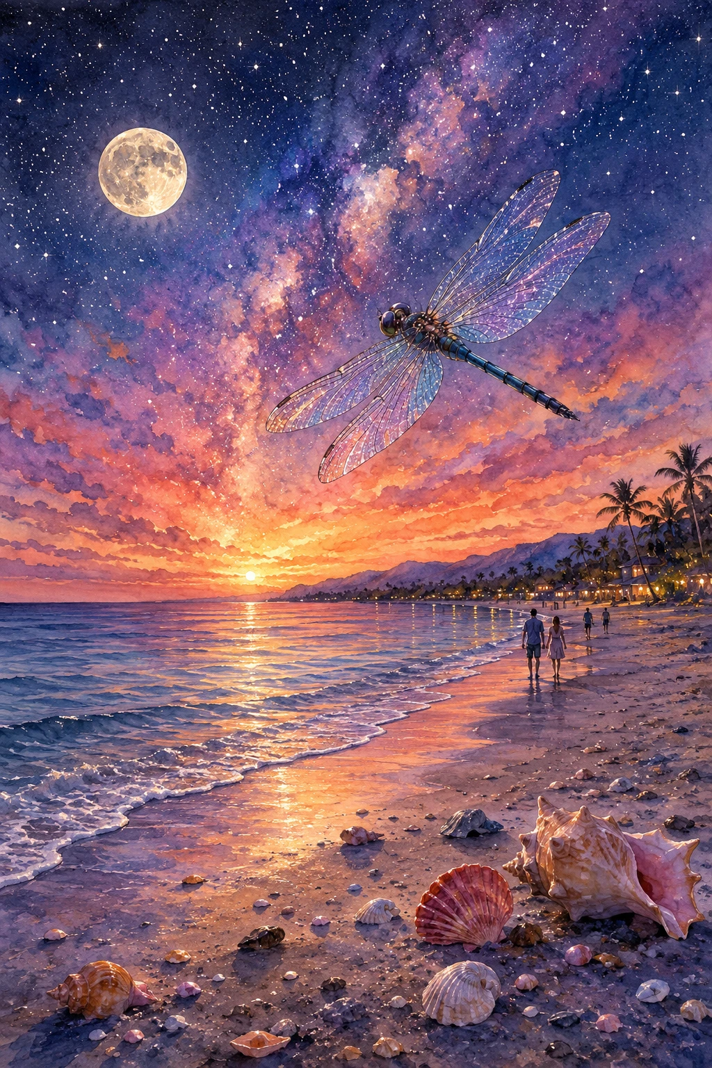 Libellule en aquarelle au-dessus d’une plage au clair de lune au coucher du soleil