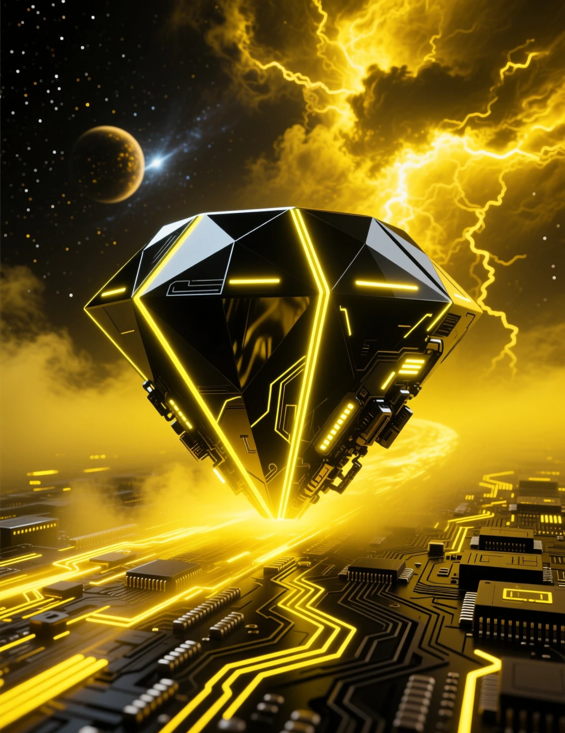 Futuristischer Borg-Diamant rast durch neonfarbenen kosmischen Raum