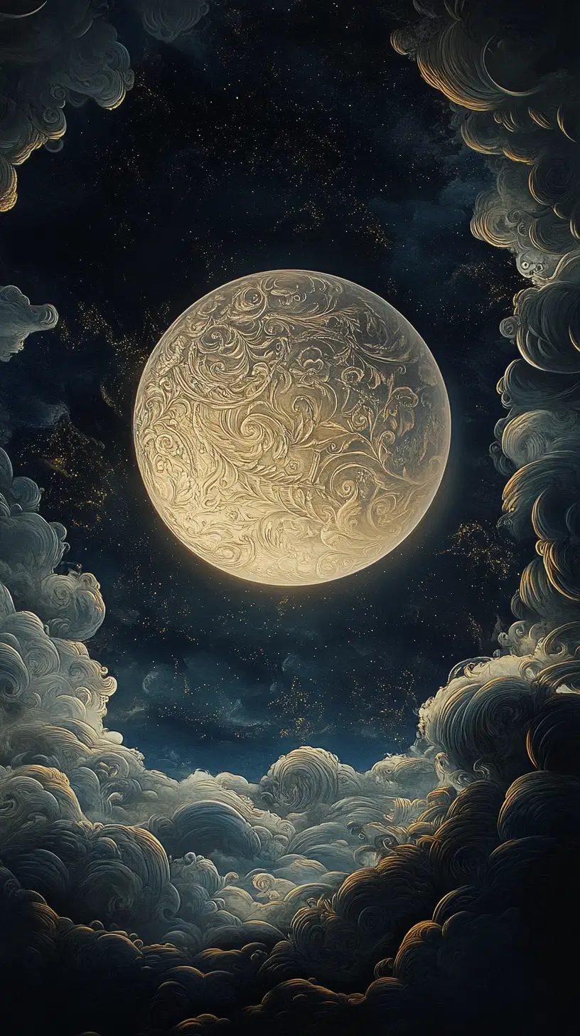Serener barocker Mond vor tief wirbelndem Nachthimmel