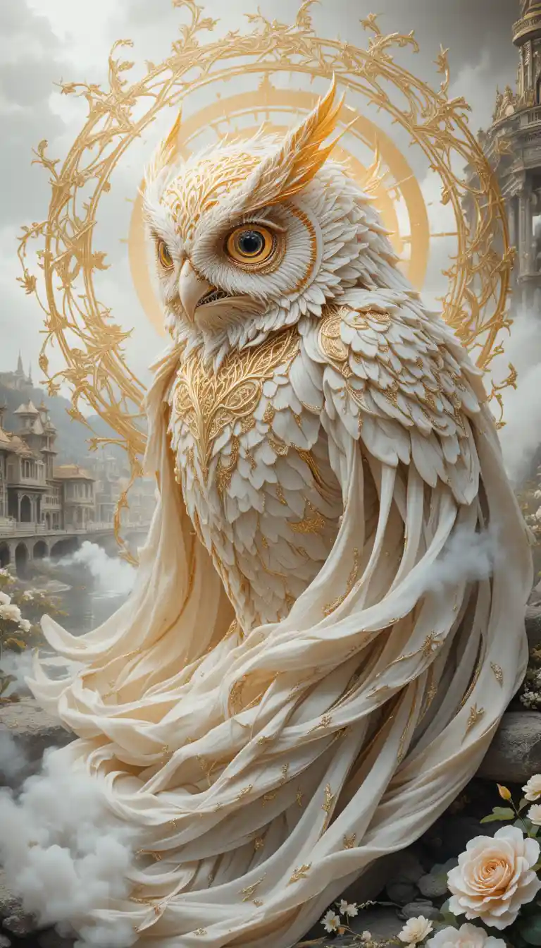 Mythical owl spirit before a luminous white palace