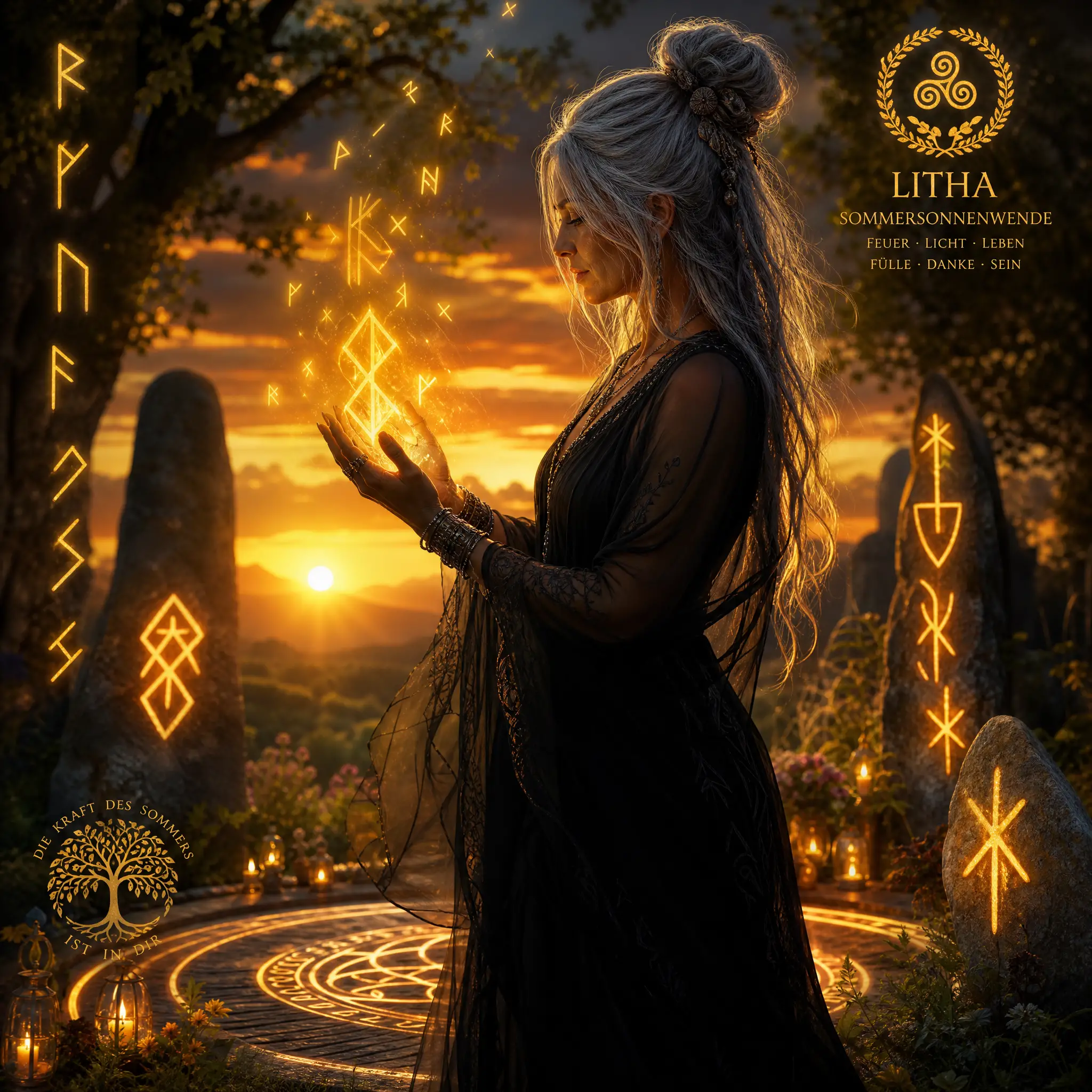 Mystical shaman woman holding glowing runes at solstice
