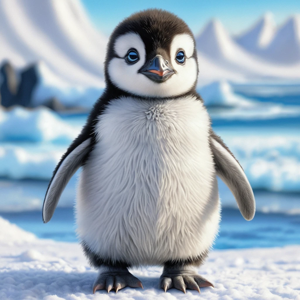 Disegno di un dolce cucciolo di pinguino con grandi occhi blu in piedi
