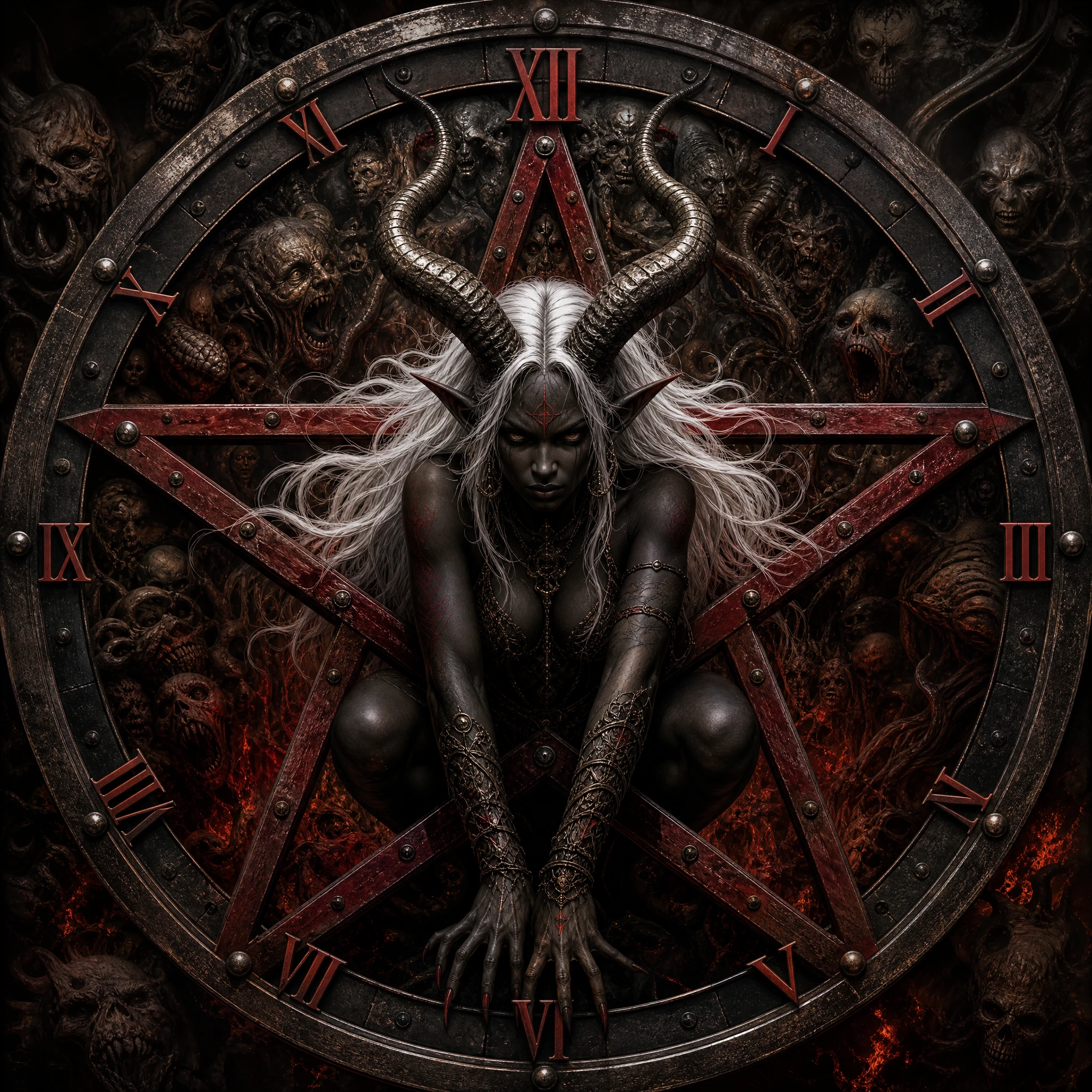Demonic horned woman crouching within a metal pentagram