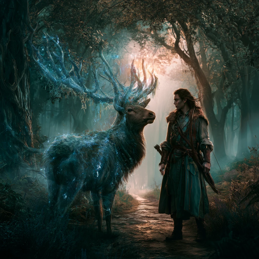 Archère Rencontrant un Cerf Mystique sur un Sentier Caché de la Forêt