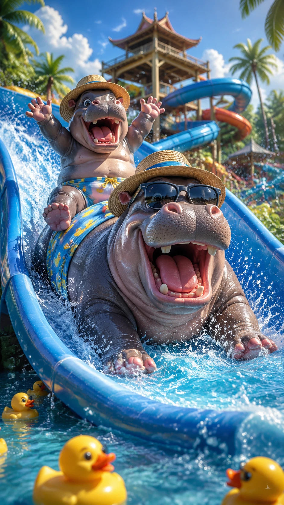 Cartoon hippos racing down a tropical water slide
