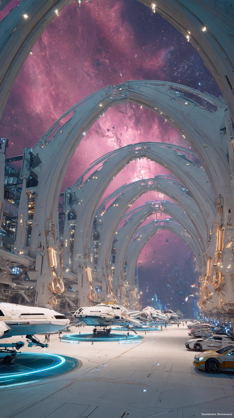 Vista cinematográfica de un lujoso hangar de naves espaciales bajo un cielo cósmico