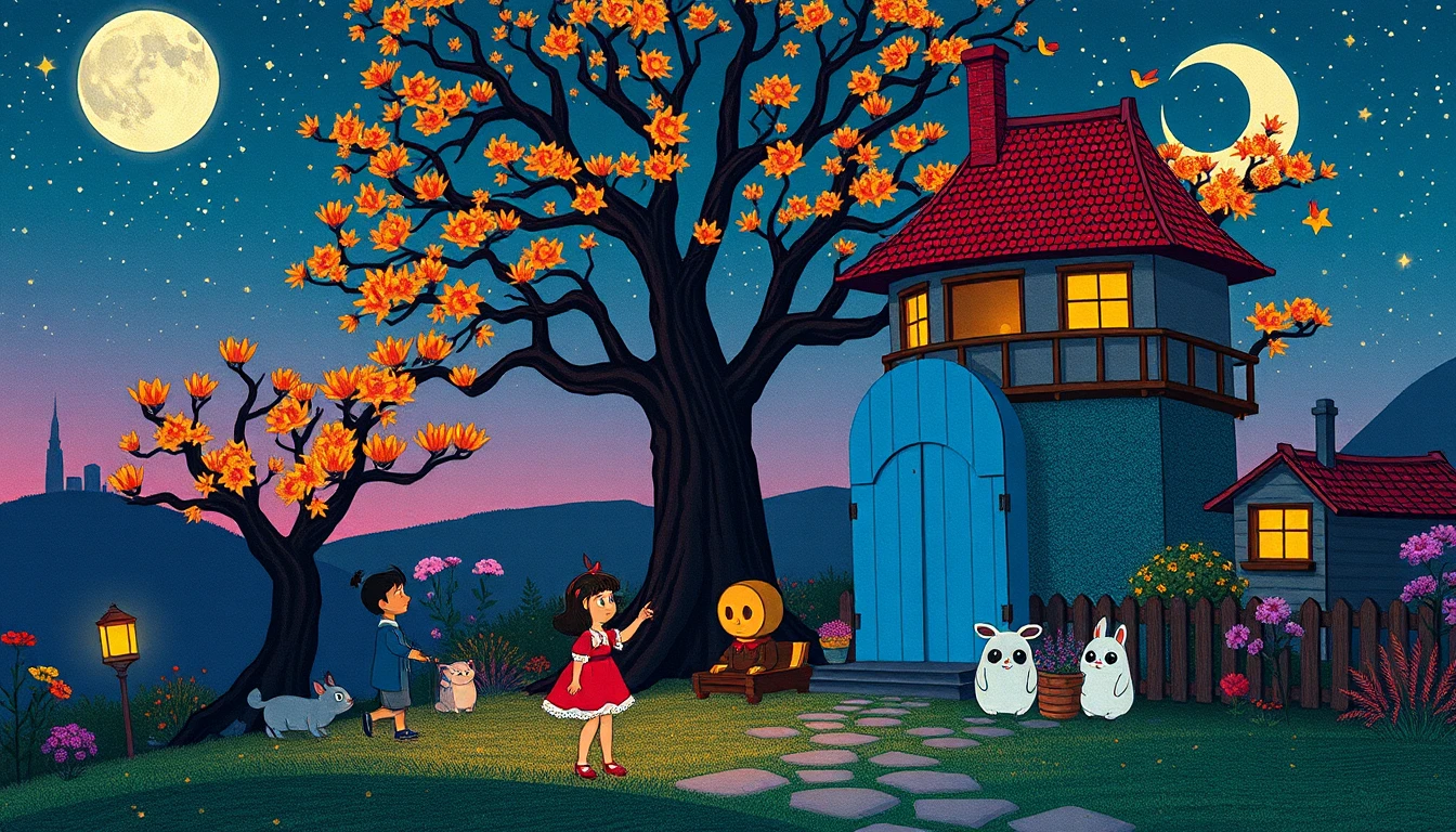 ネオンのファンタジー村を探検する不思議な少女