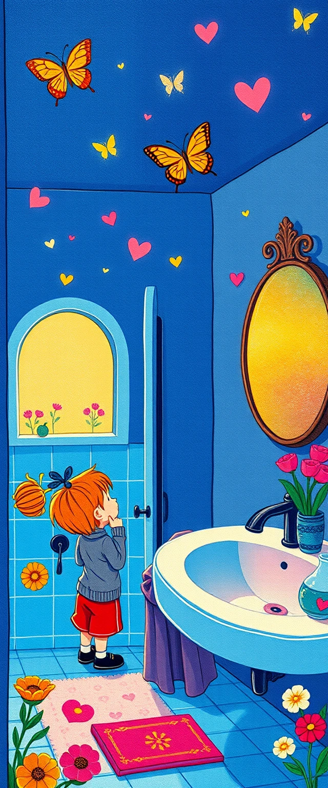 Mère et fils dans une illustration enfantine de salle de bain néon