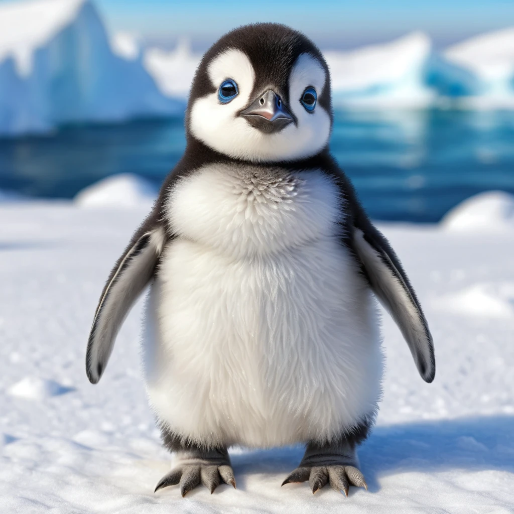 Dolce cucciolo di pinguino con occhi azzurri in stile matite colorate