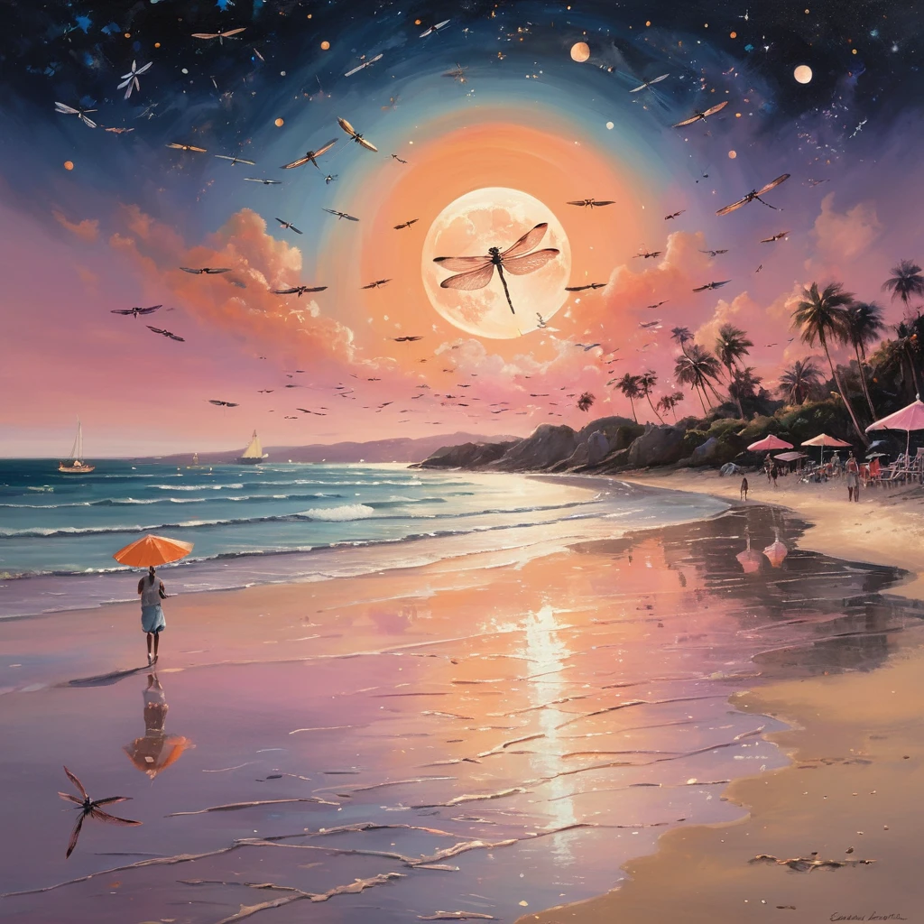 Libellule au-dessus d’une Plage au Clair de Lune au Coucher de Soleil Coloré