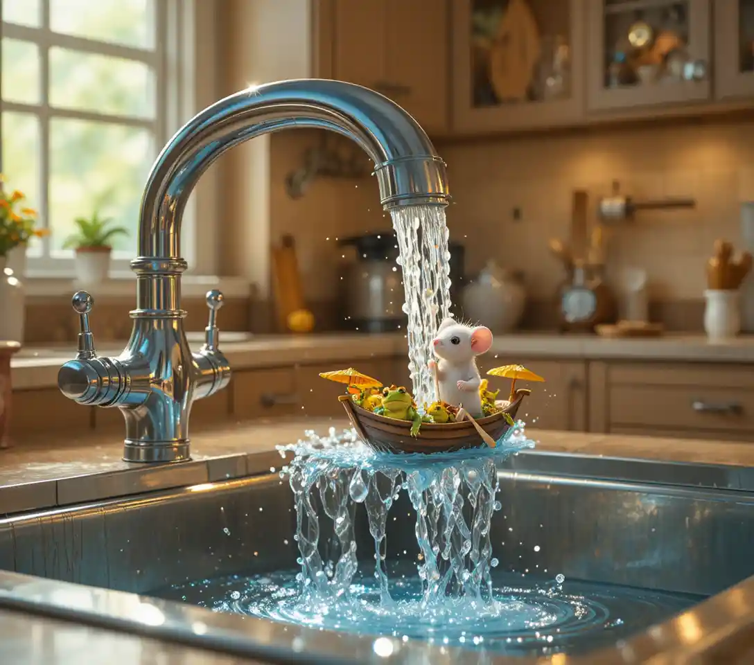 Whimsical animal boats sailing from a silver kitchen tap