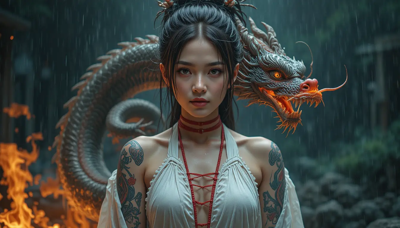 白い破れた服を着たドラゴンタトゥーのアジア人女性